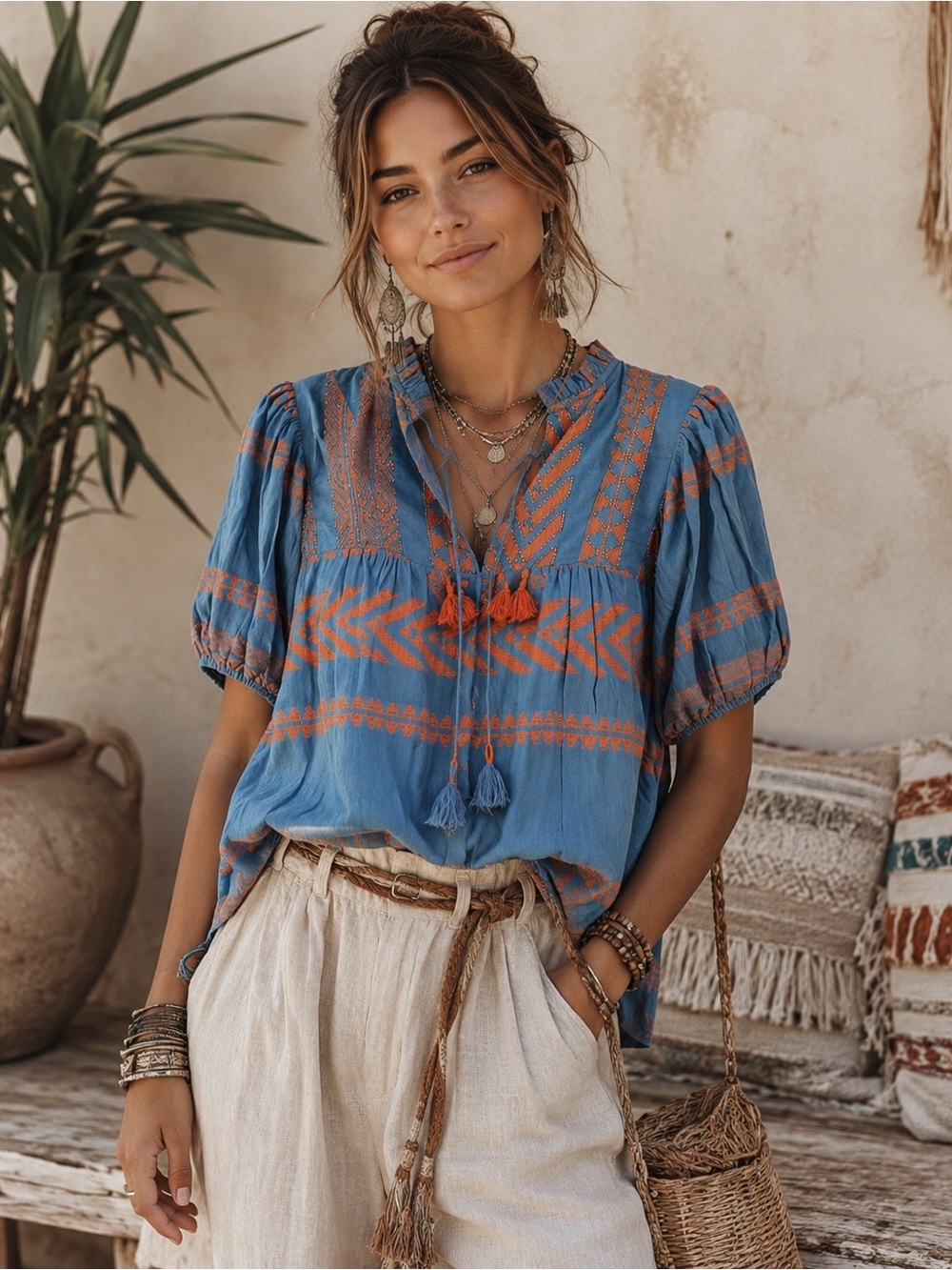 Just Bellina Embroidered Tassel Boho Blouse Womens Blue Orange Top Size Medium